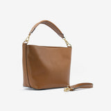 Borsa a secchiello da donna in vera pelle marrone cammello con tracolla