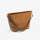 Borsa a secchiello da donna in vera pelle marrone cammello con tracolla