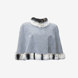 Poncho vintage da donna in tessuto simil alcantara e vera pelliccia di rex cincillà grigio