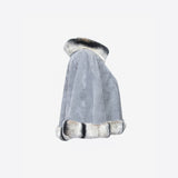 Poncho vintage da donna in tessuto simil alcantara e vera pelliccia di rex cincillà grigio