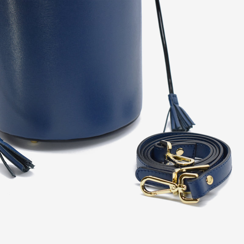 Borsa grande a secchiello da donna in vera pelle blu scuro