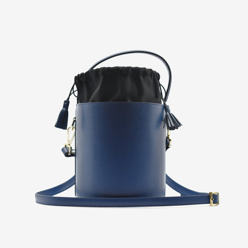 Borsa grande a secchiello da donna in vera pelle blu scuro