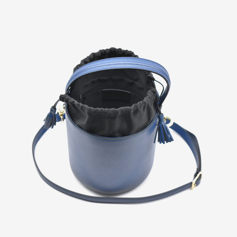 Borsa grande a secchiello da donna in vera pelle blu scuro