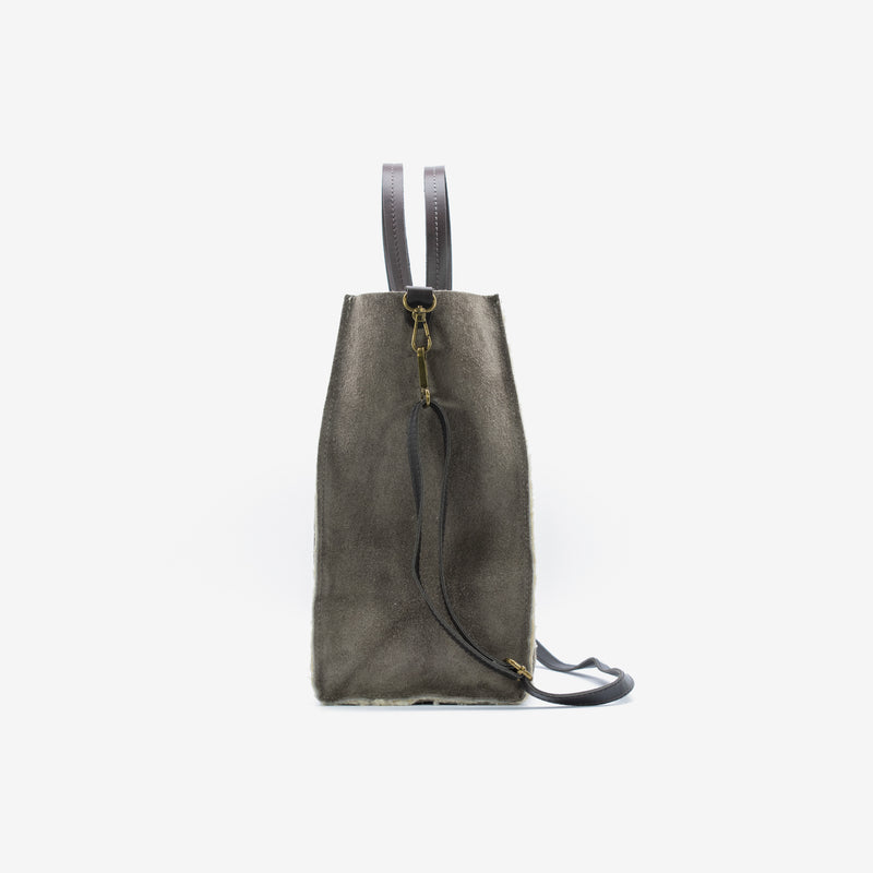 Borsa shopping grande morbida da donna in vera pelle e eco shearling con tracolla grigio