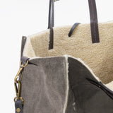 Borsa shopping grande morbida da donna in vera pelle e eco shearling con tracolla grigio