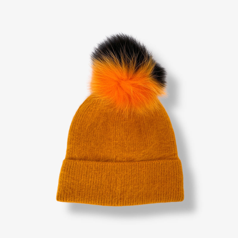 Angora wool and cashmere cap with fur pompom