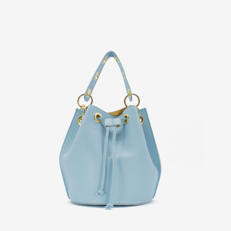 Leather drawstring bucket bag - light blue