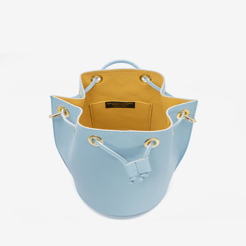 Leather drawstring bucket bag - light blue