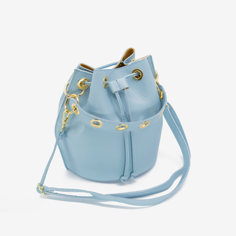 Leather drawstring bucket bag - light blue