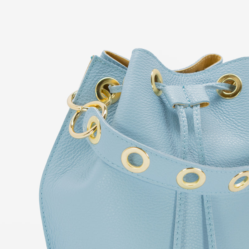 Leather drawstring bucket bag - light blue