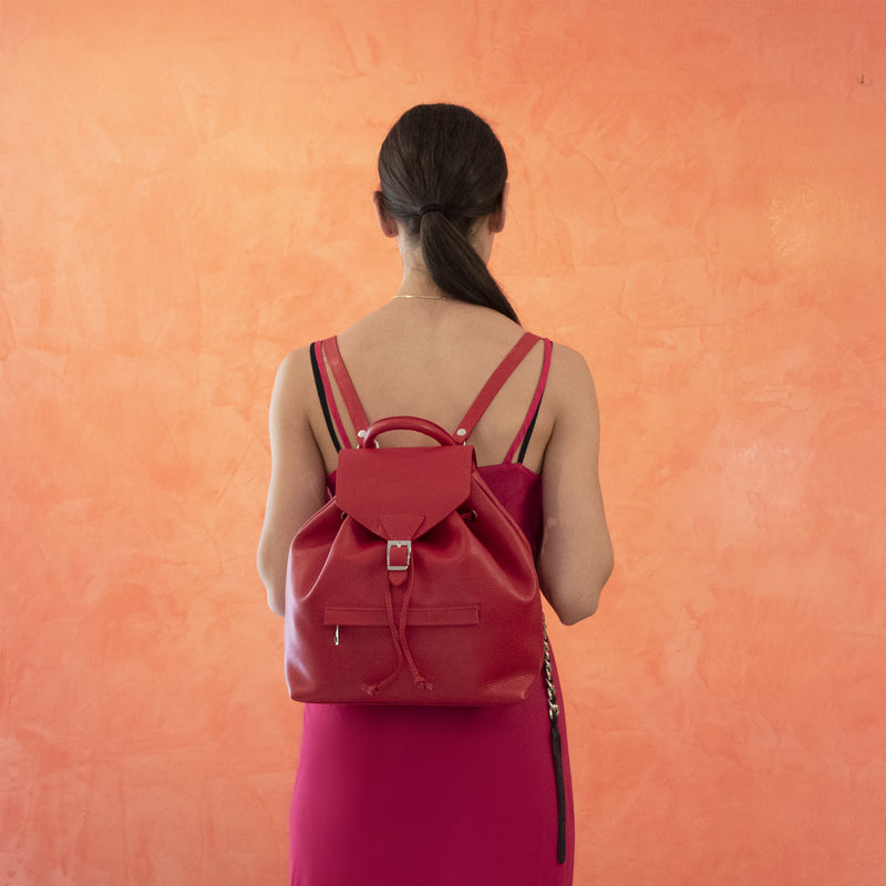 Rucksack aus Leder mit Kordelzug - rot